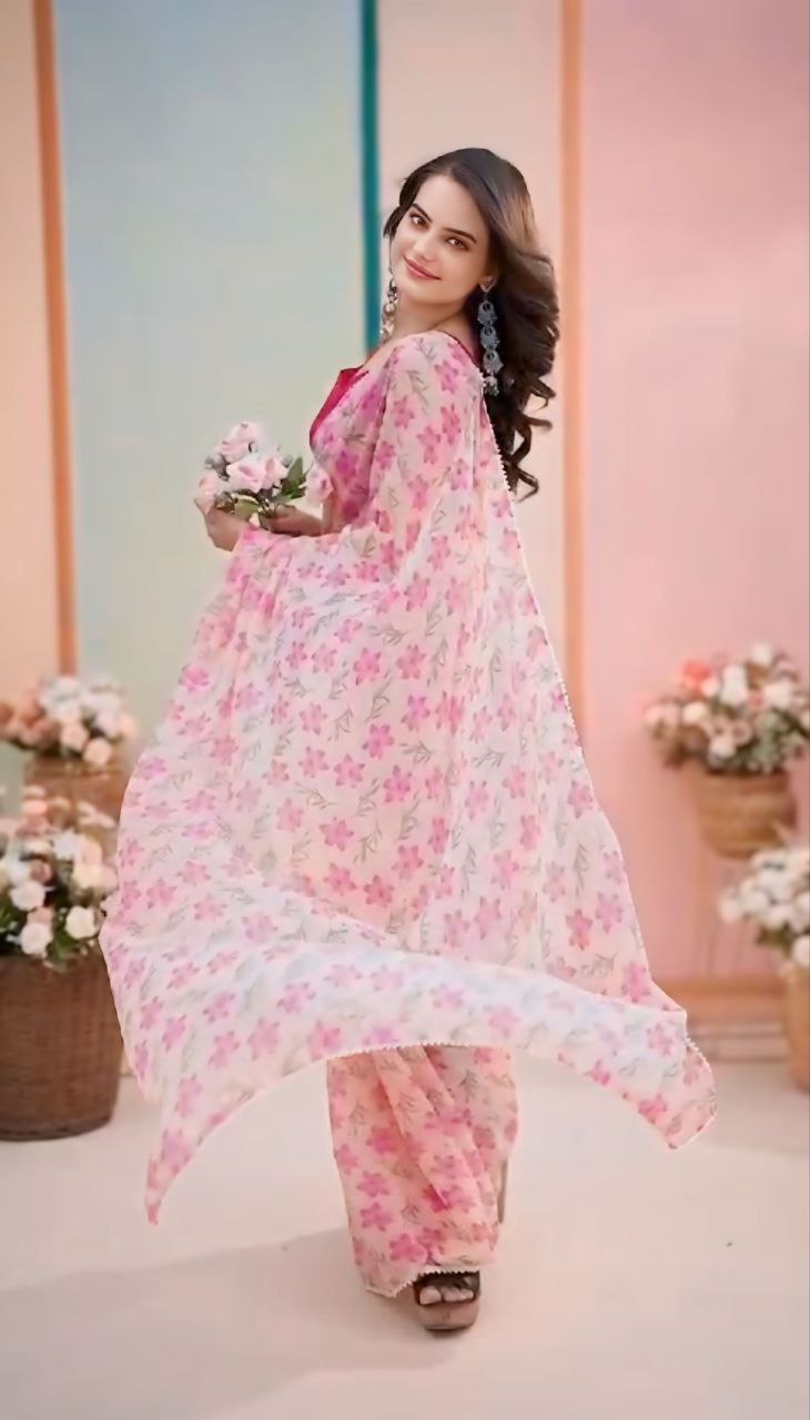 Women's Pink Georgette Saree - Pf The Fashion Trendz