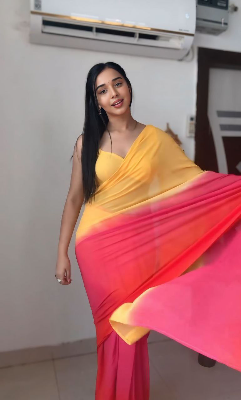 Women's Yellow & Pink Georgette Saree - Pf The Fashion Trendz