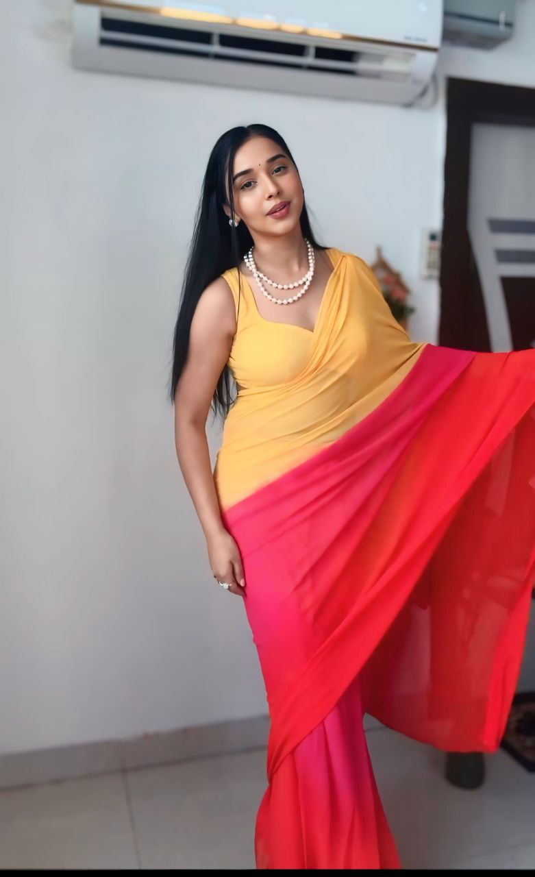 Women's Yellow & Pink Georgette Saree - Pf The Fashion Trendz