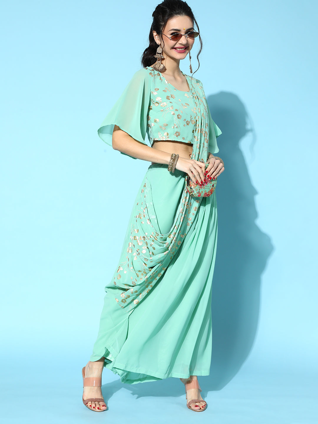 Women's Green Floral Print Traditional Saree - Aks USA