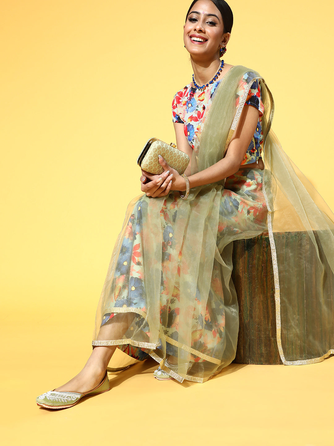 Women's Green Organza Saree with Printed Blouse & Petticoat