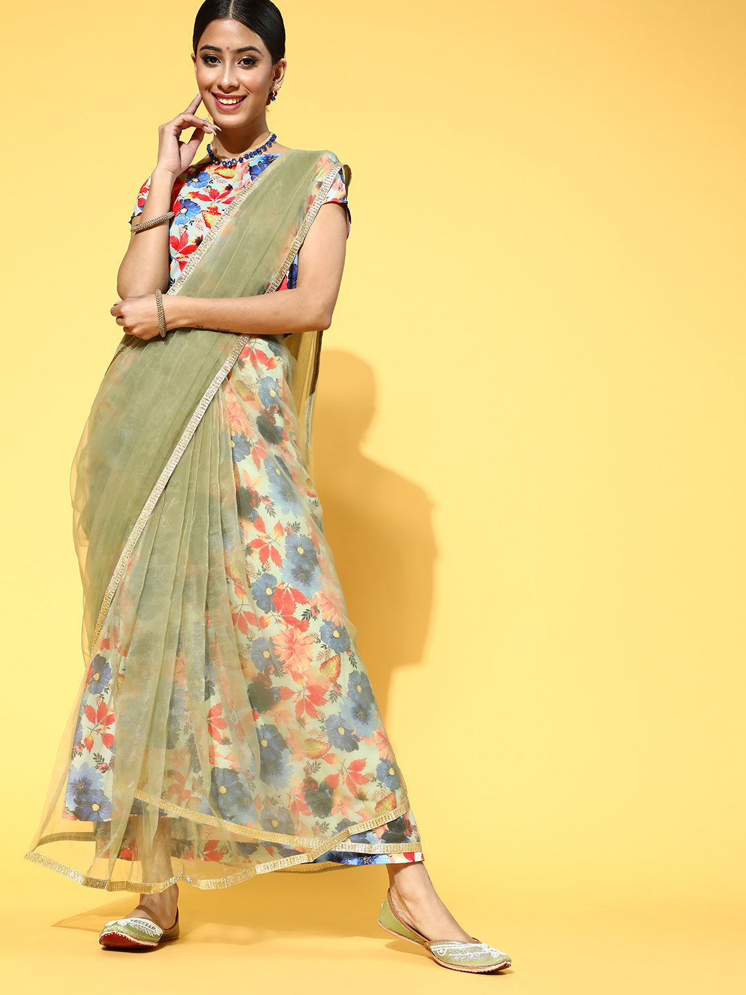 Women's Green Organza Saree with Printed Blouse & Petticoat
