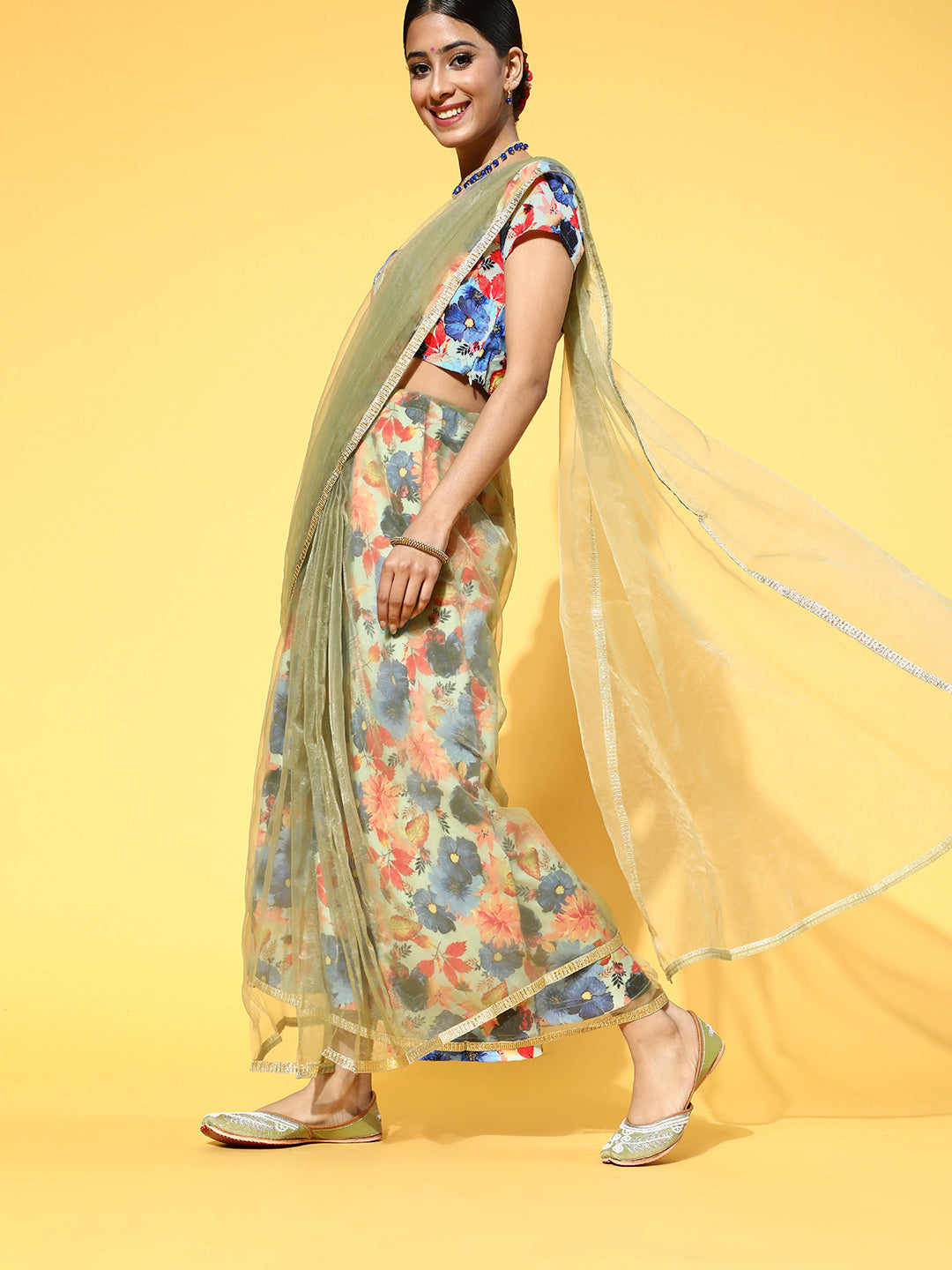 Women's Green Organza Saree with Printed Blouse & Petticoat