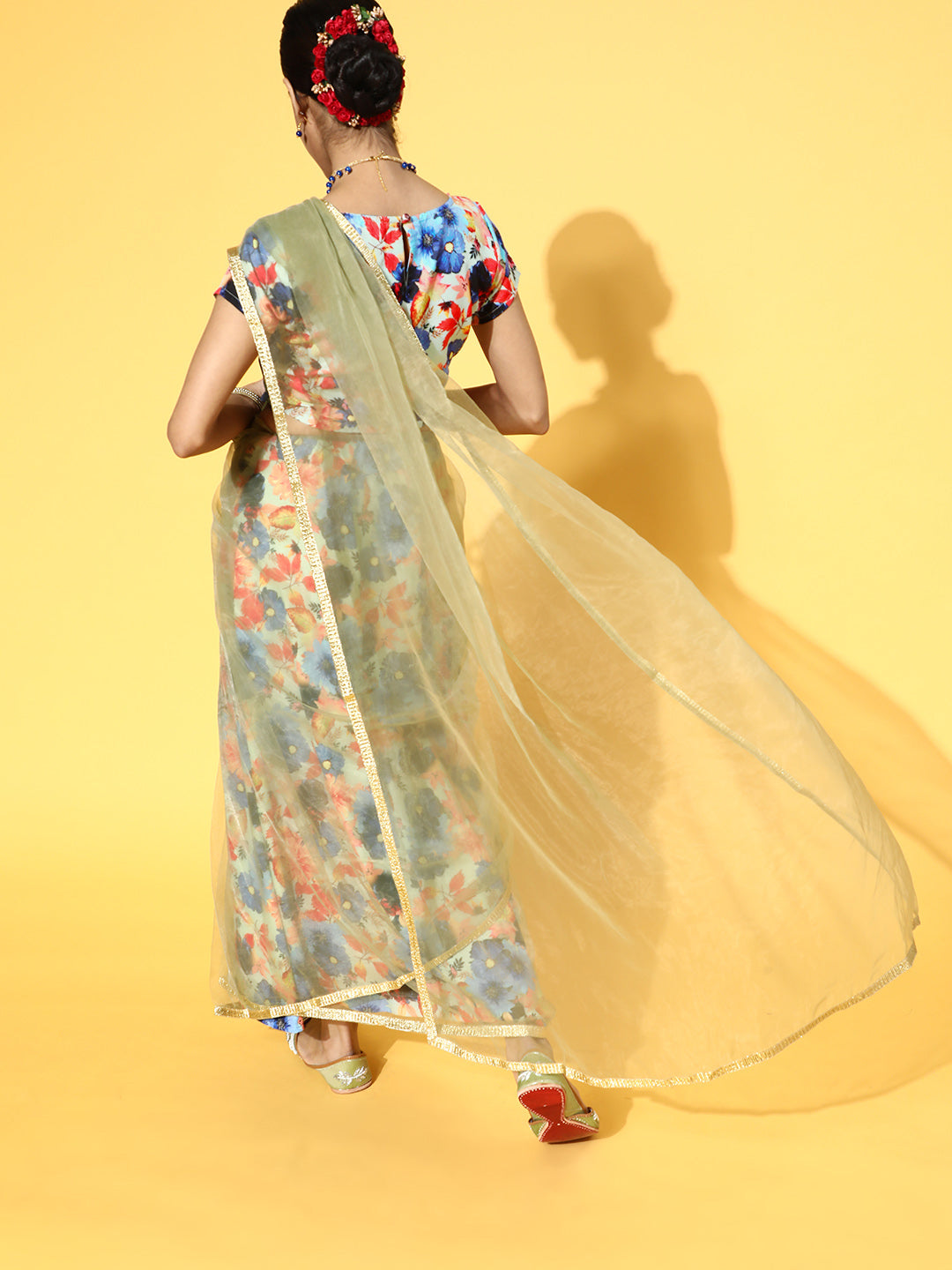 Women's Green Organza Saree with Printed Blouse & Petticoat