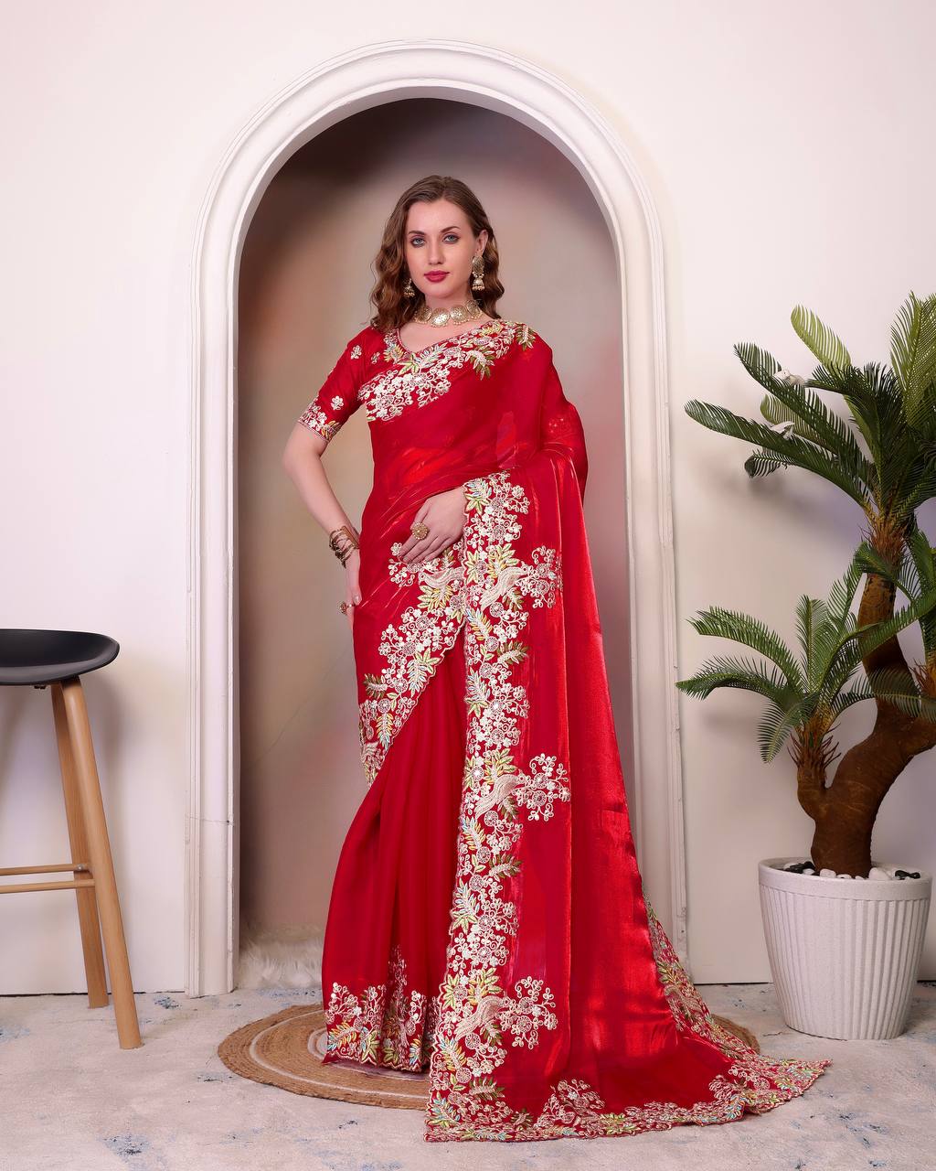 Women's Soft Jimmy Choo Saree With Heavy Embroidery & Sequins Work With Heavy Blouse  - Jinal & Jinal