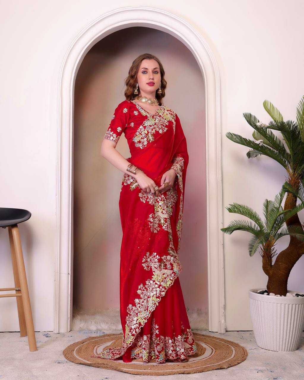 Women's Soft Jimmy Choo Saree With Heavy Embroidery & Sequins Work With Heavy Blouse  - Jinal & Jinal