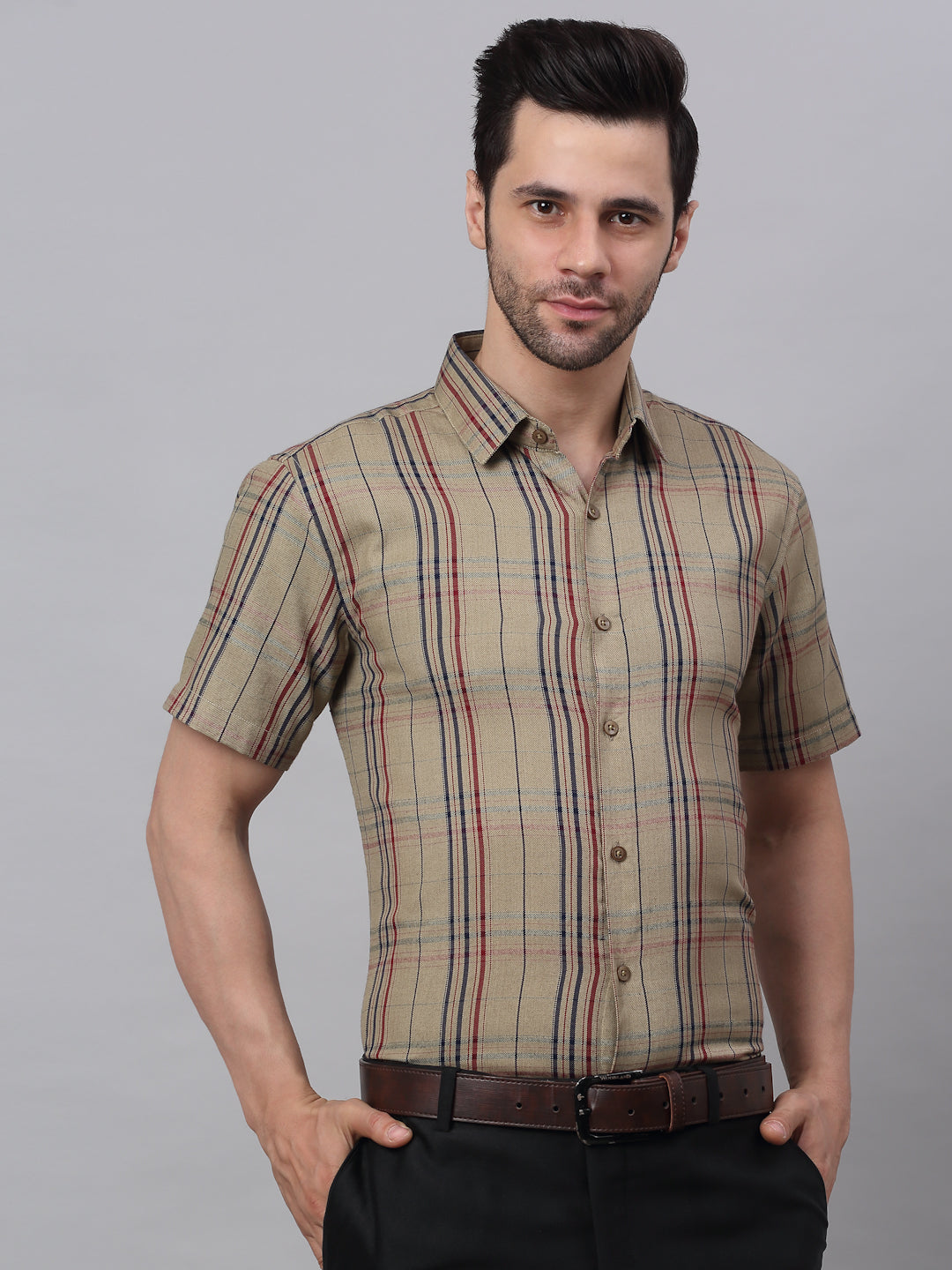 Men's Brown Half Sleeve Checked Formal Shirt - Taantav