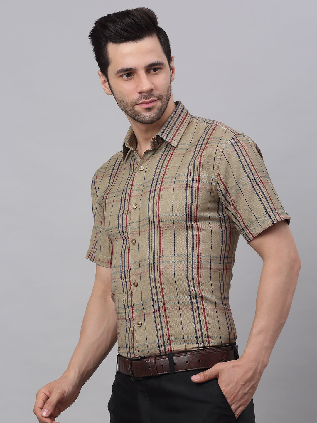 Men's Brown Half Sleeve Checked Formal Shirt - Taantav