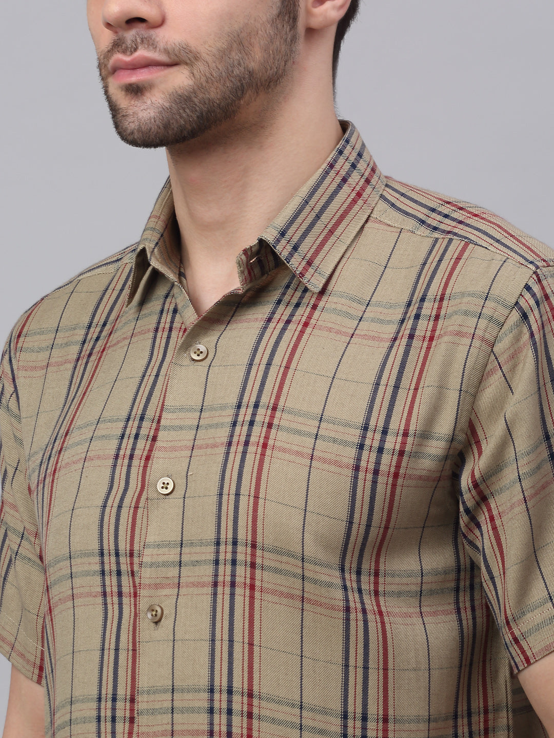 Men's Brown Half Sleeve Checked Formal Shirt - Taantav