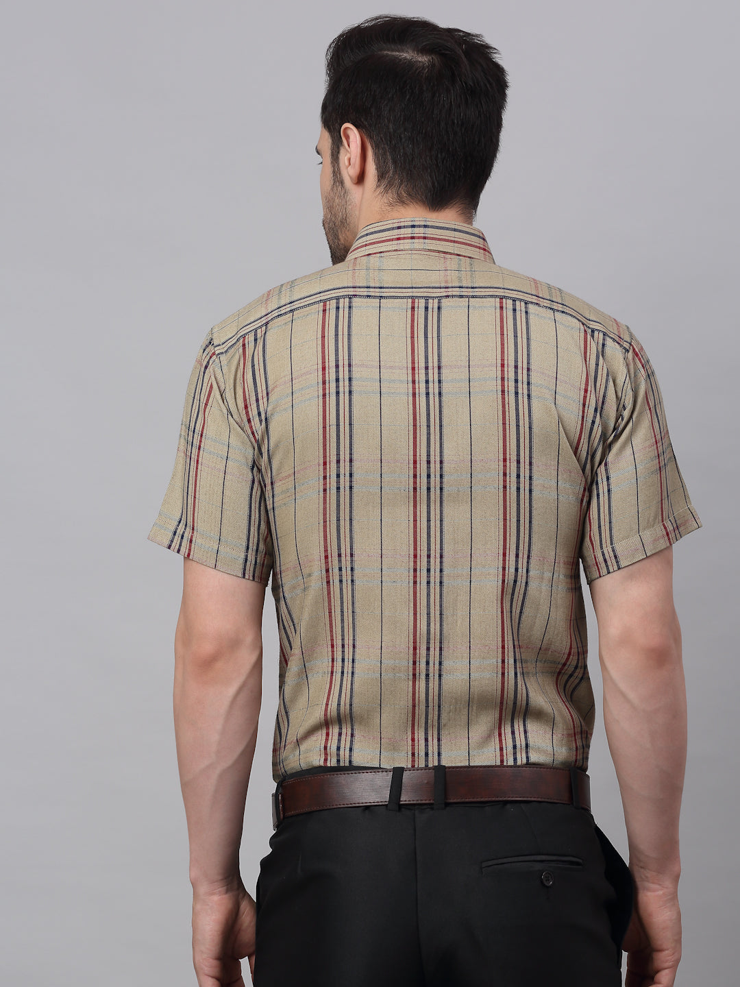 Men's Brown Half Sleeve Checked Formal Shirt - Taantav