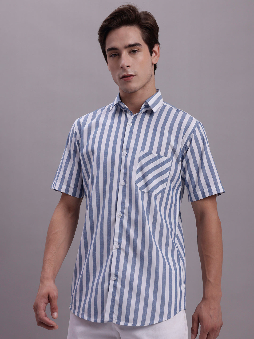 Men's Blue Vertical Striped Half Sleeve Casual Shirt - Taantav