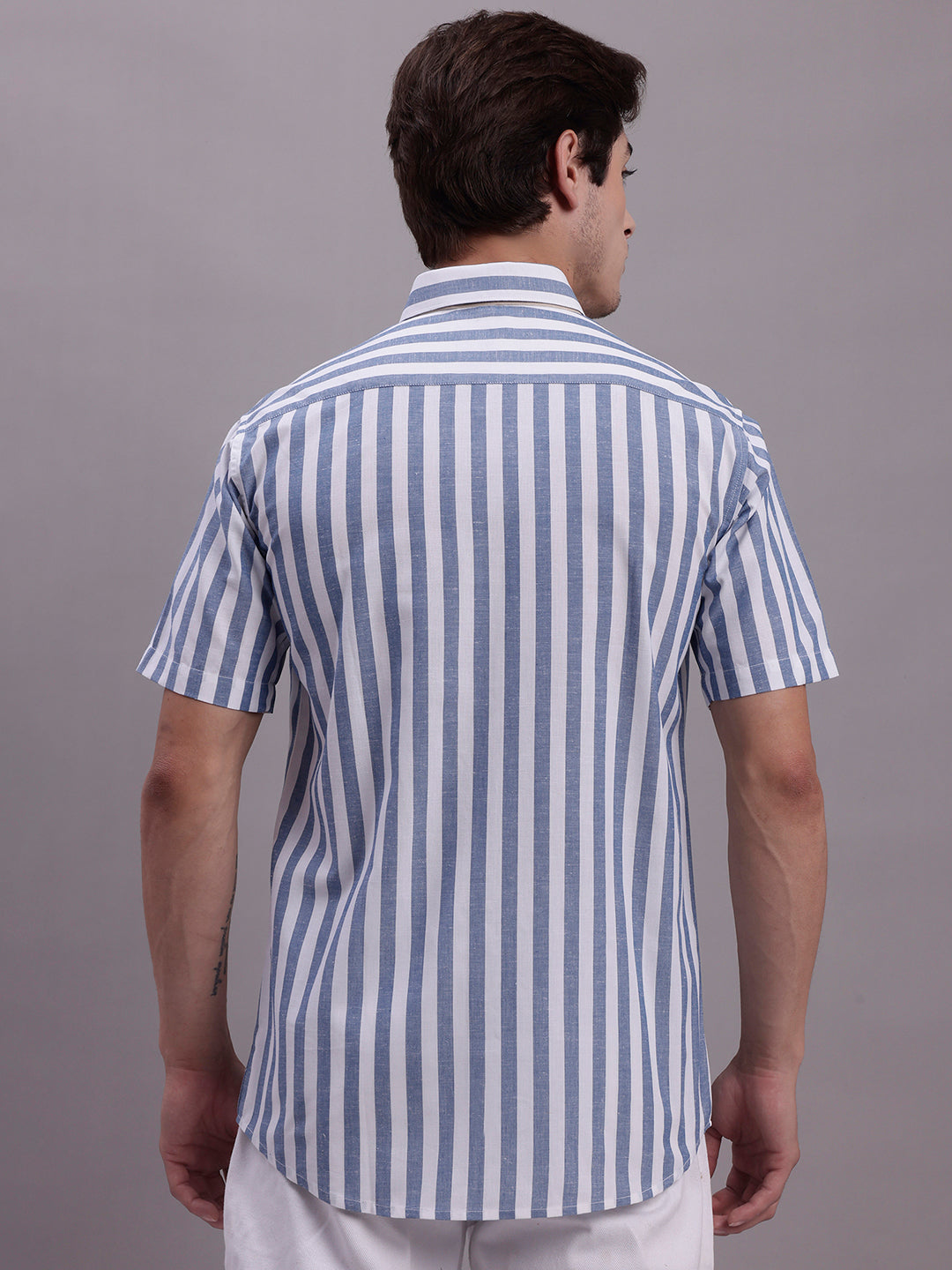 Men's Blue Vertical Striped Half Sleeve Casual Shirt - Taantav