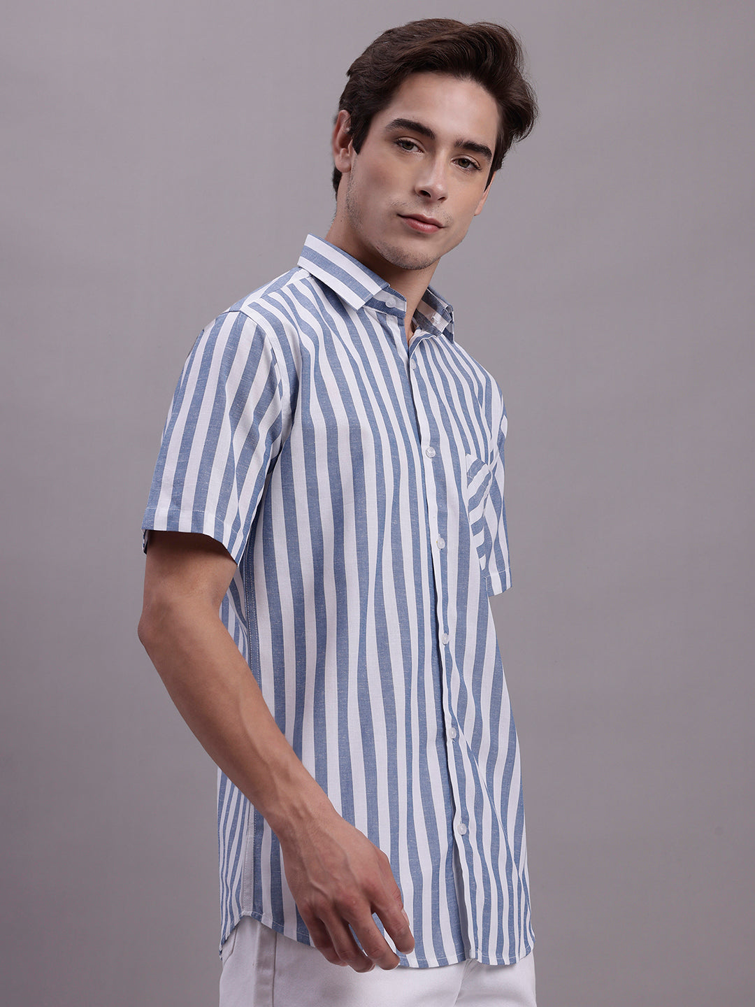 Men's Blue Vertical Striped Half Sleeve Casual Shirt - Taantav