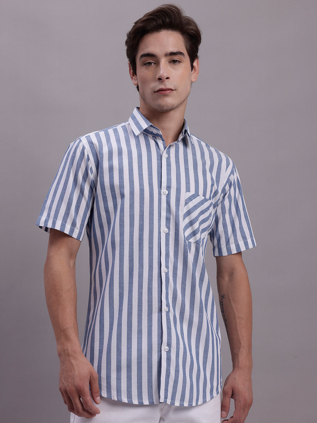 Men's Blue Vertical Striped Half Sleeve Casual Shirt - Taantav