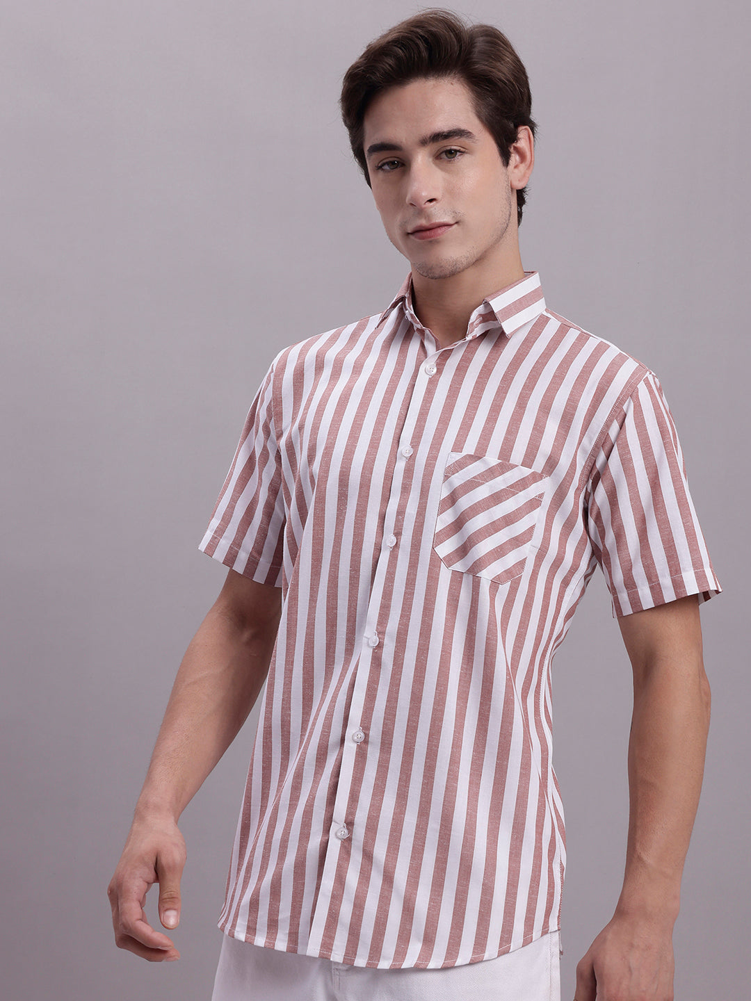 Men's Red Vertical Striped Half Sleeve Casual Shirt - Taantav