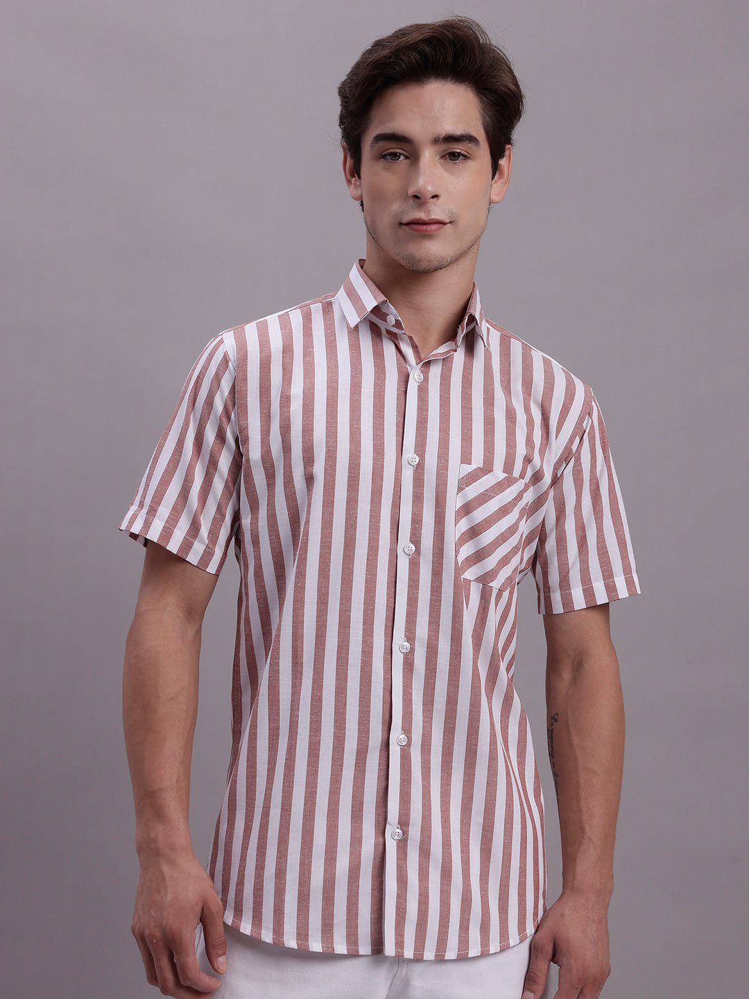 Men's Red Vertical Striped Half Sleeve Casual Shirt - Taantav