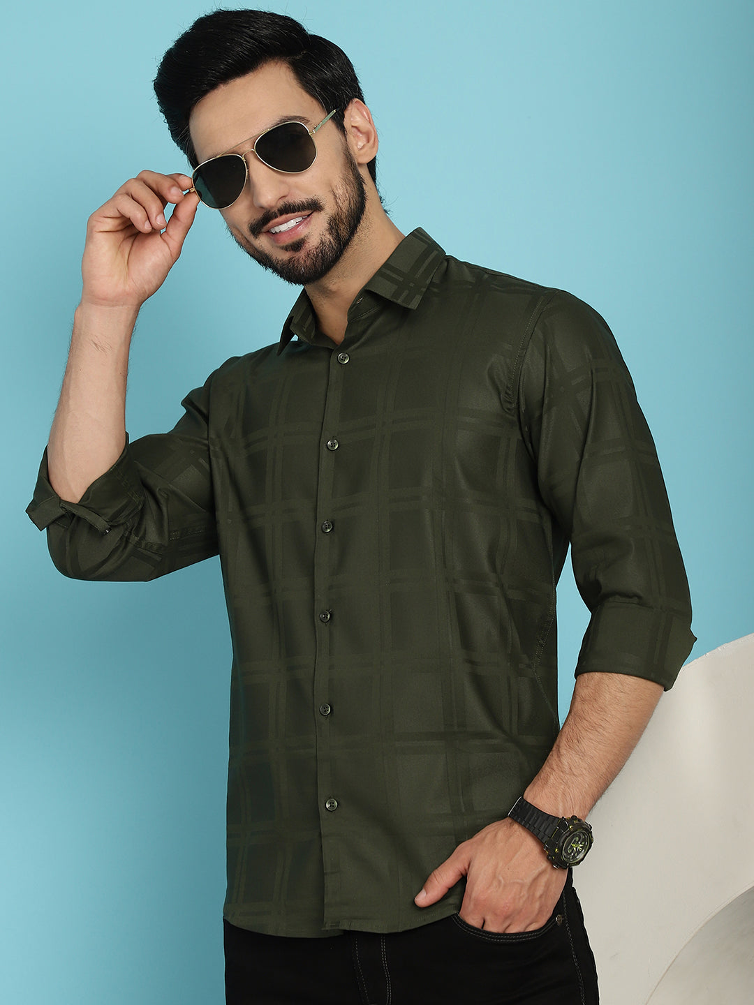 Men's Olive Green Checked Casual Shirt - Taantav