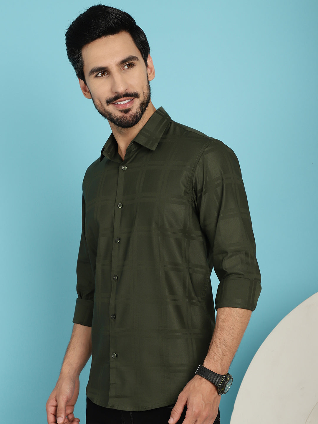 Men's Olive Green Checked Casual Shirt - Taantav