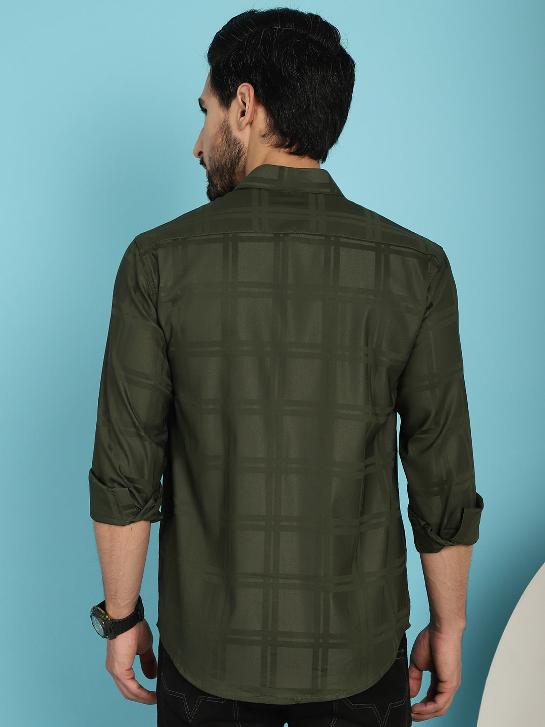 Men's Olive Green Checked Casual Shirt - Taantav