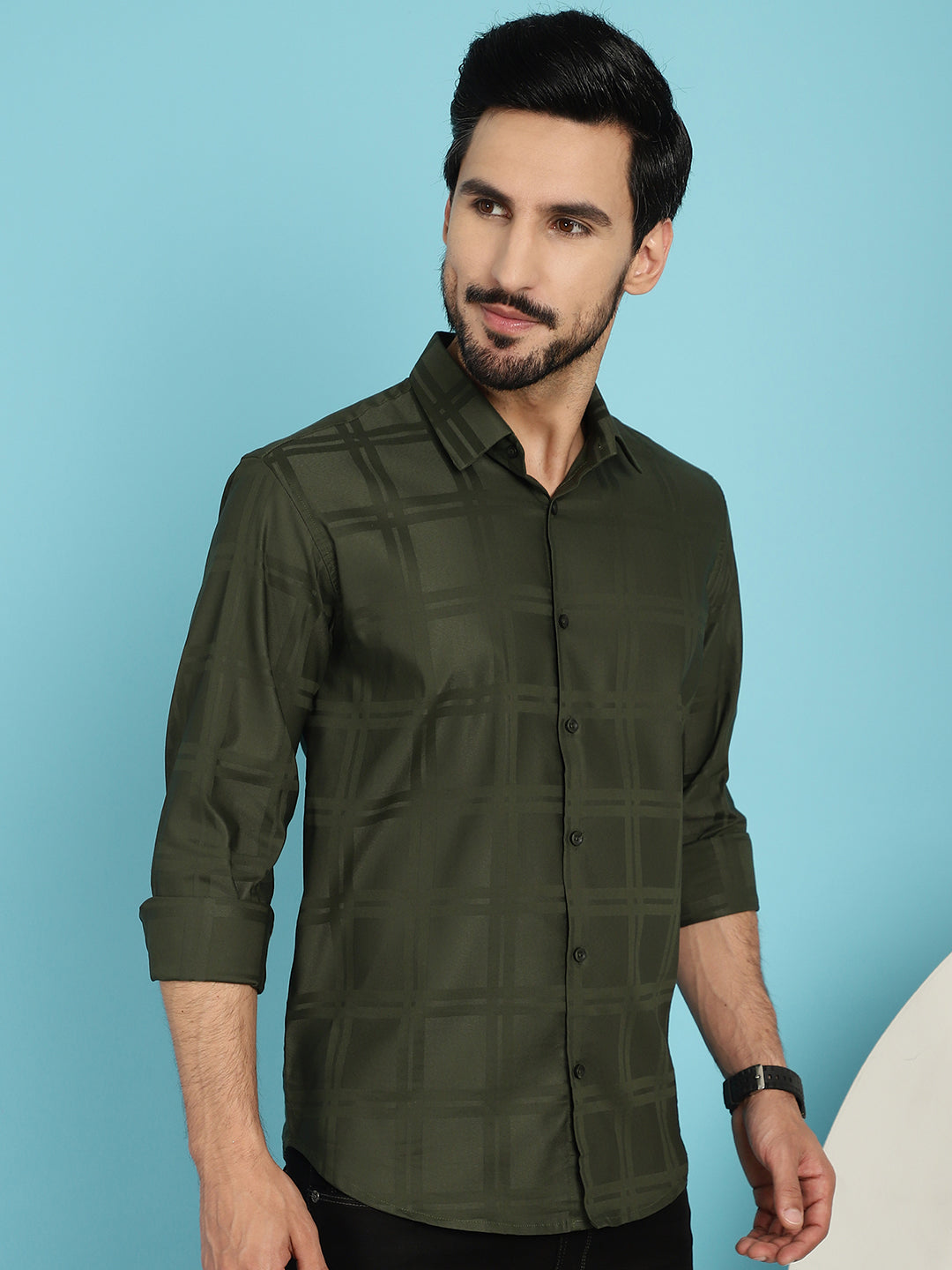 Men's Olive Green Checked Casual Shirt - Taantav