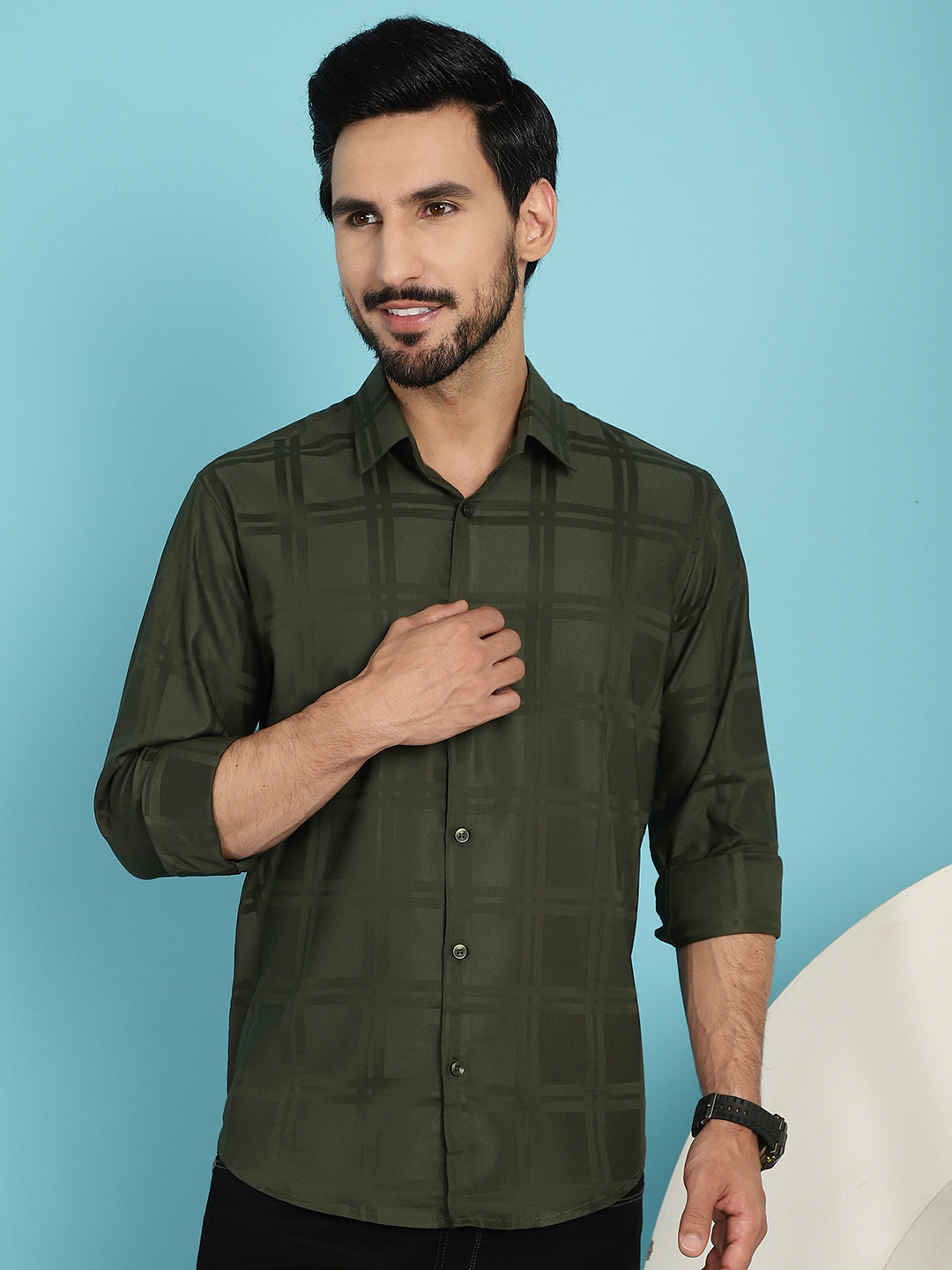 Men's Olive Green Checked Casual Shirt - Taantav