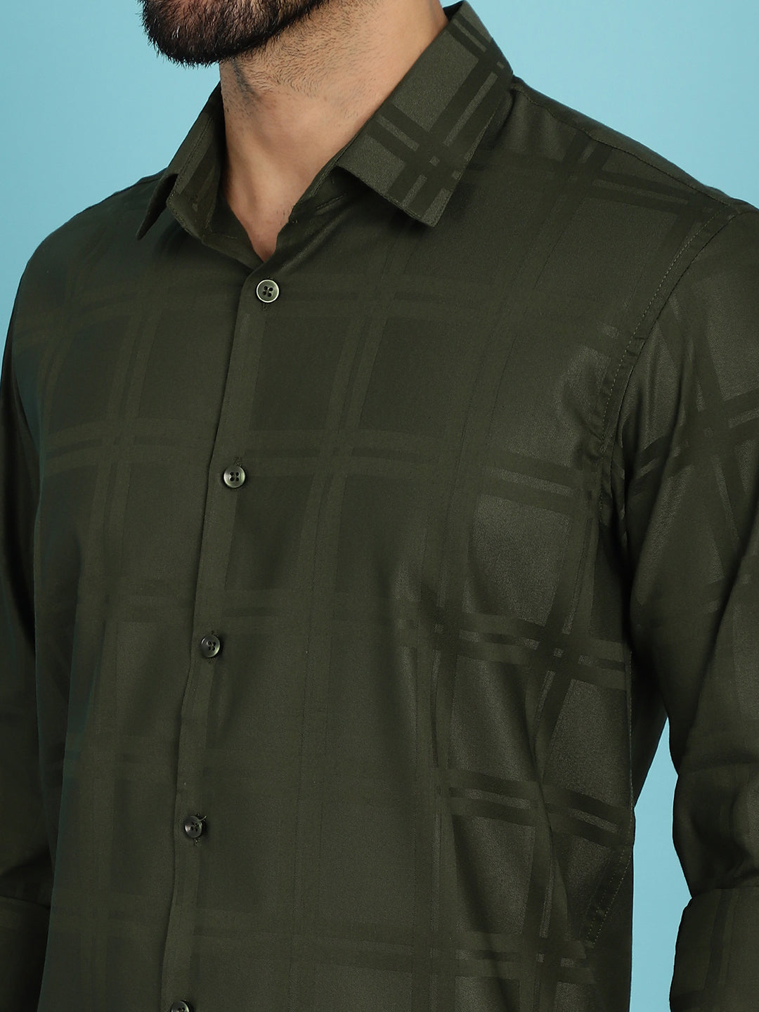 Men's Olive Green Checked Casual Shirt - Taantav