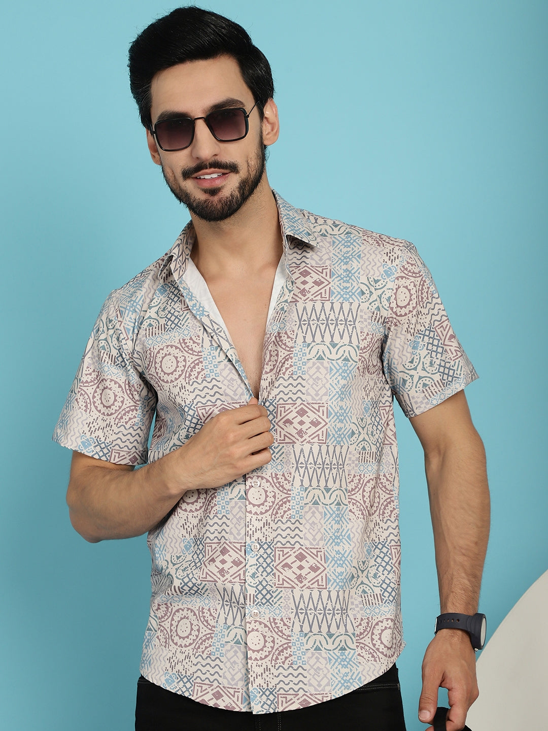 Men's Beige Printed Casual Shirt - Taantav