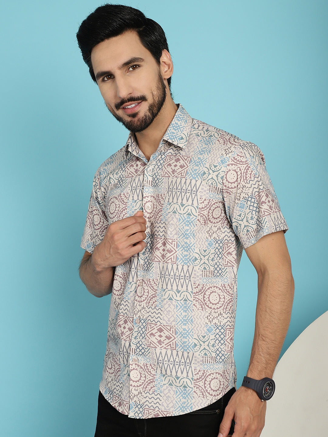 Men's Beige Printed Casual Shirt - Taantav