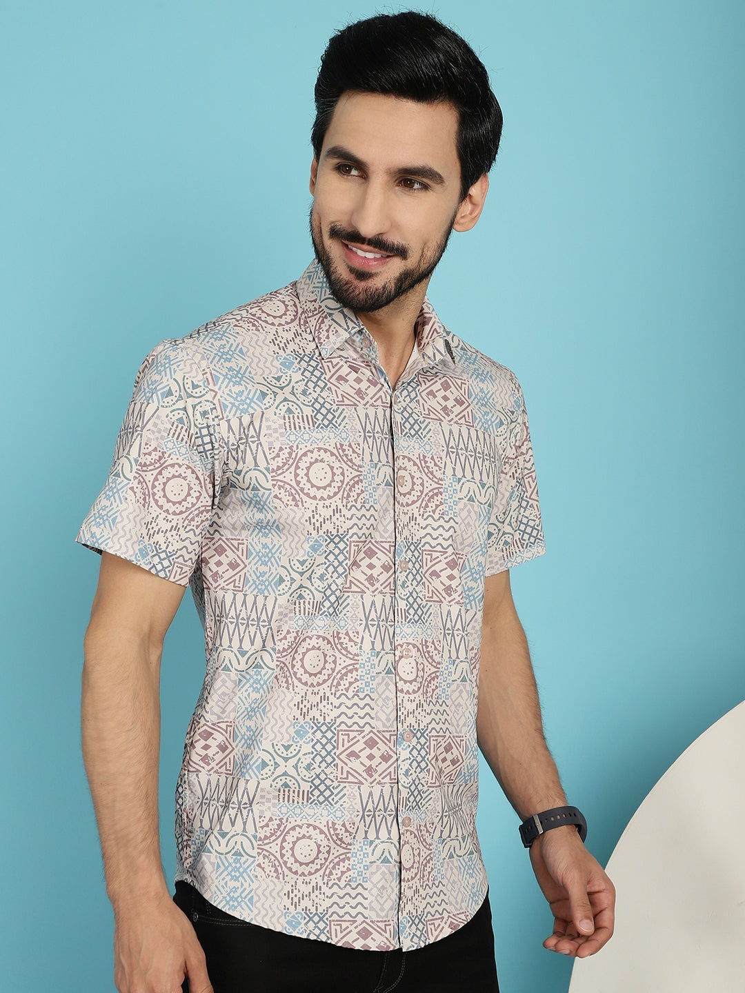 Men's Beige Printed Casual Shirt - Taantav