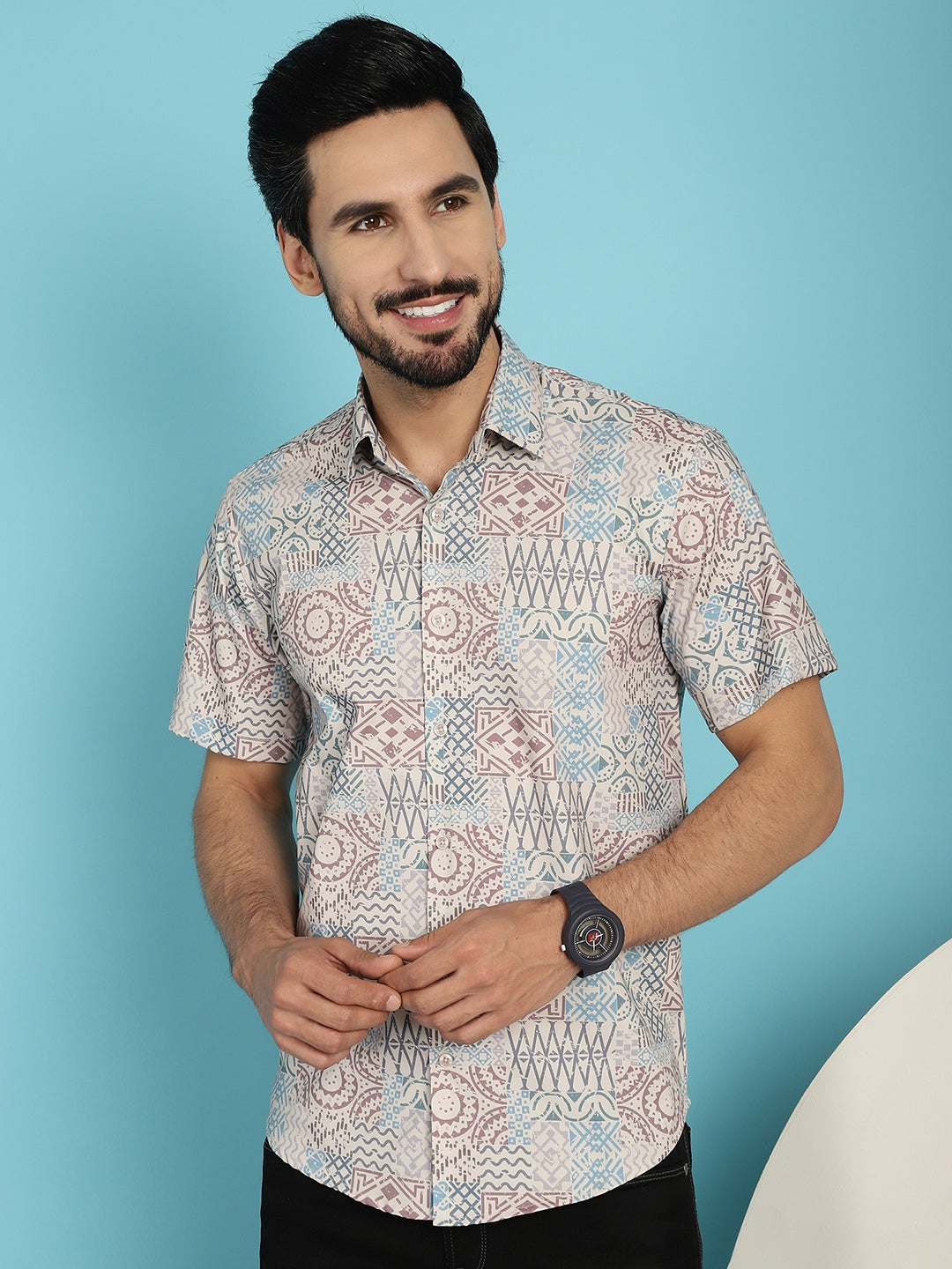 Men's Beige Printed Casual Shirt - Taantav