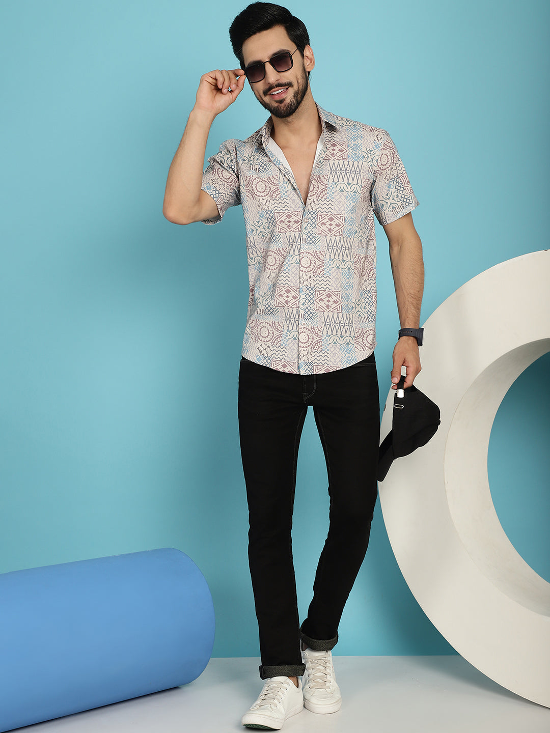 Men's Beige Printed Casual Shirt - Taantav