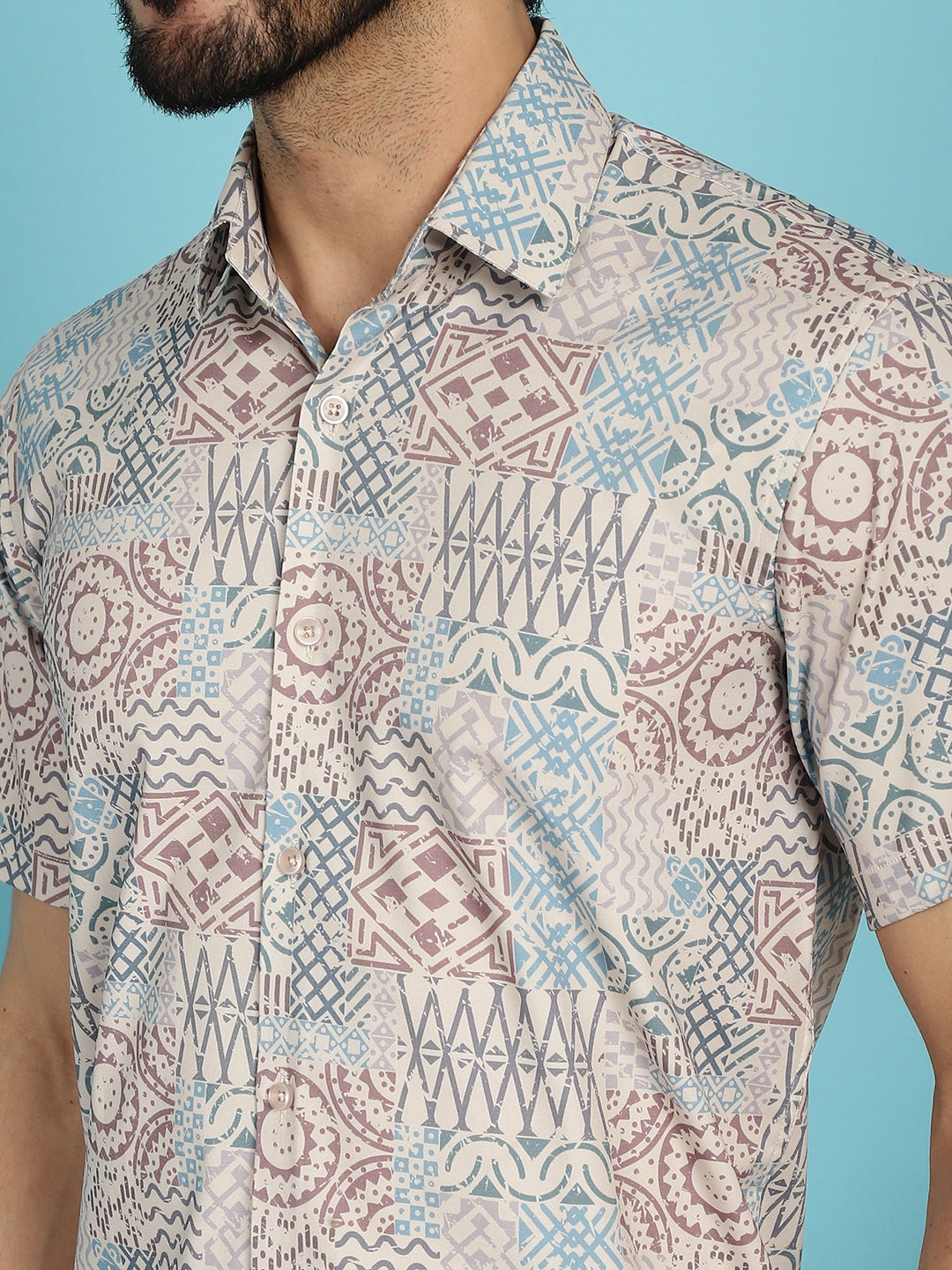 Men's Beige Printed Casual Shirt - Taantav