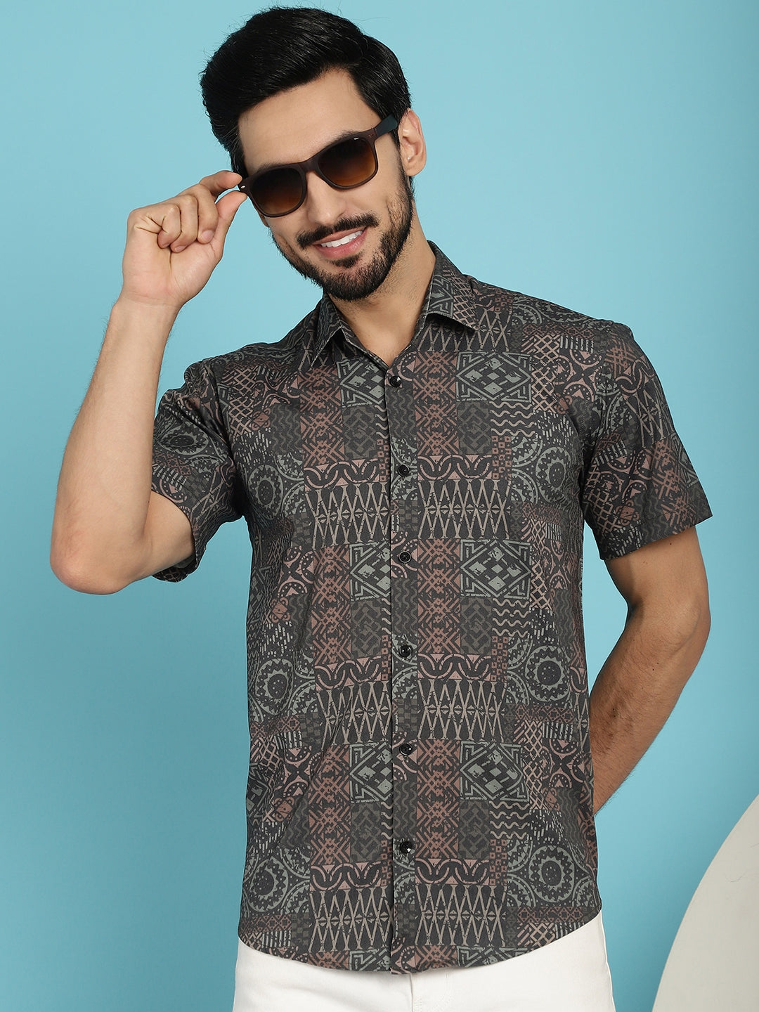 Men's Dark-Grey Printed Casual Shirt - Taantav