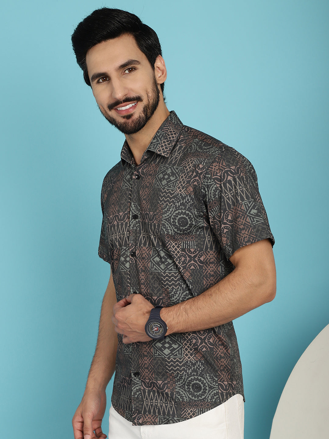 Men's Dark-Grey Printed Casual Shirt - Taantav