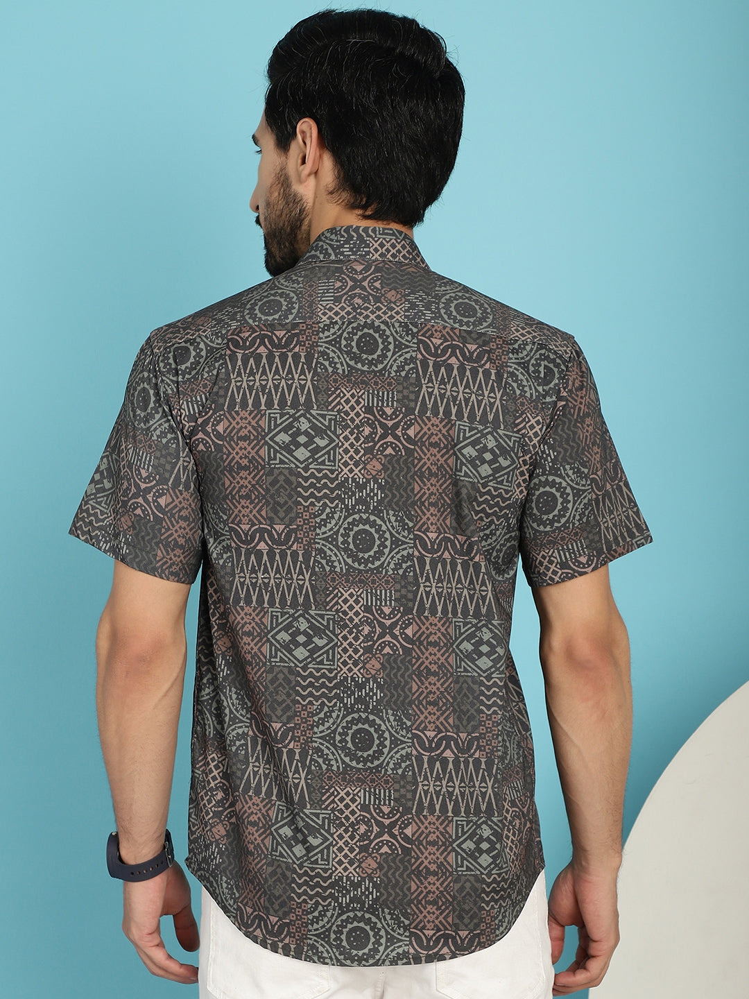 Men's Dark-Grey Printed Casual Shirt - Taantav