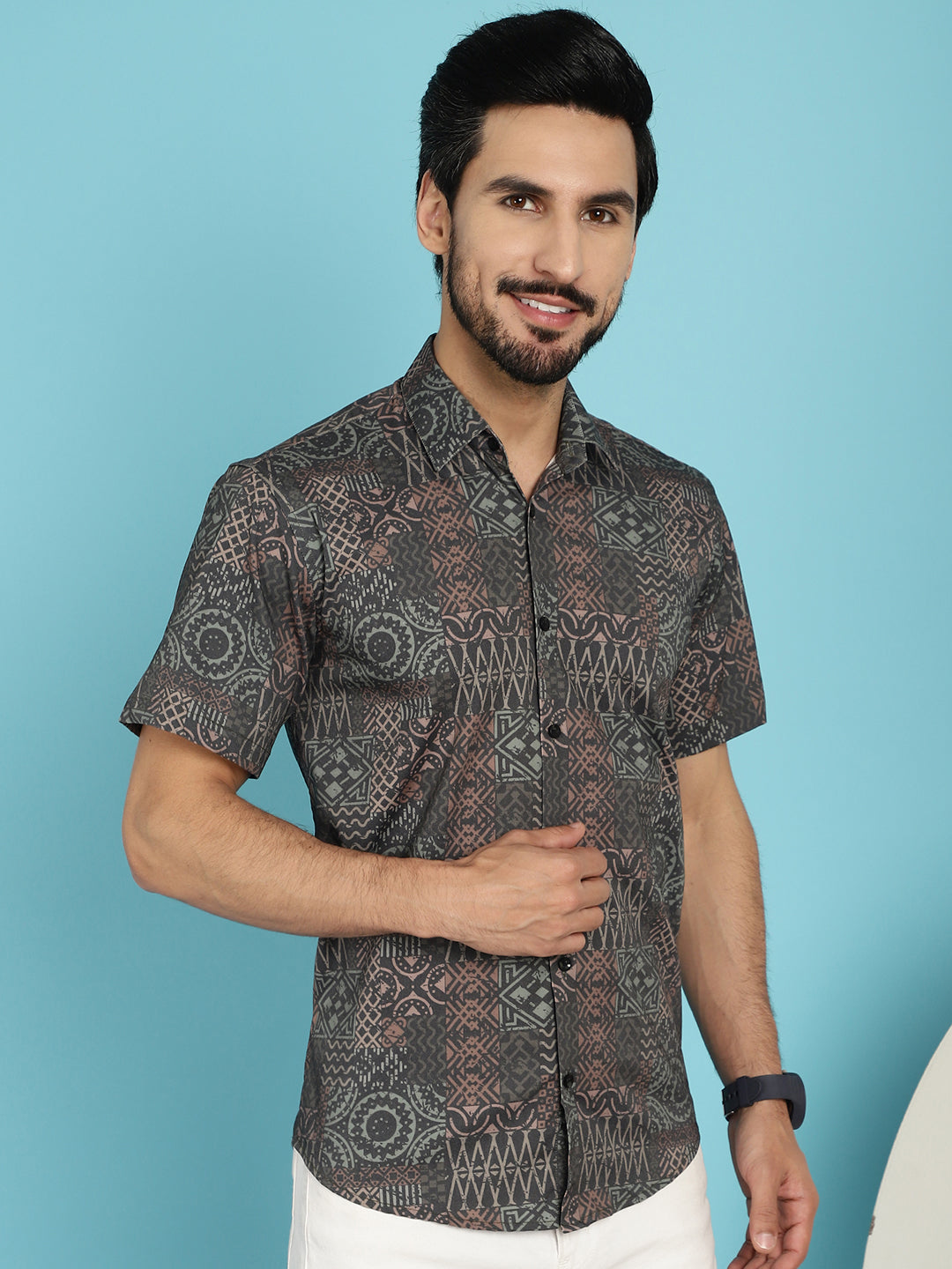 Men's Dark-Grey Printed Casual Shirt - Taantav