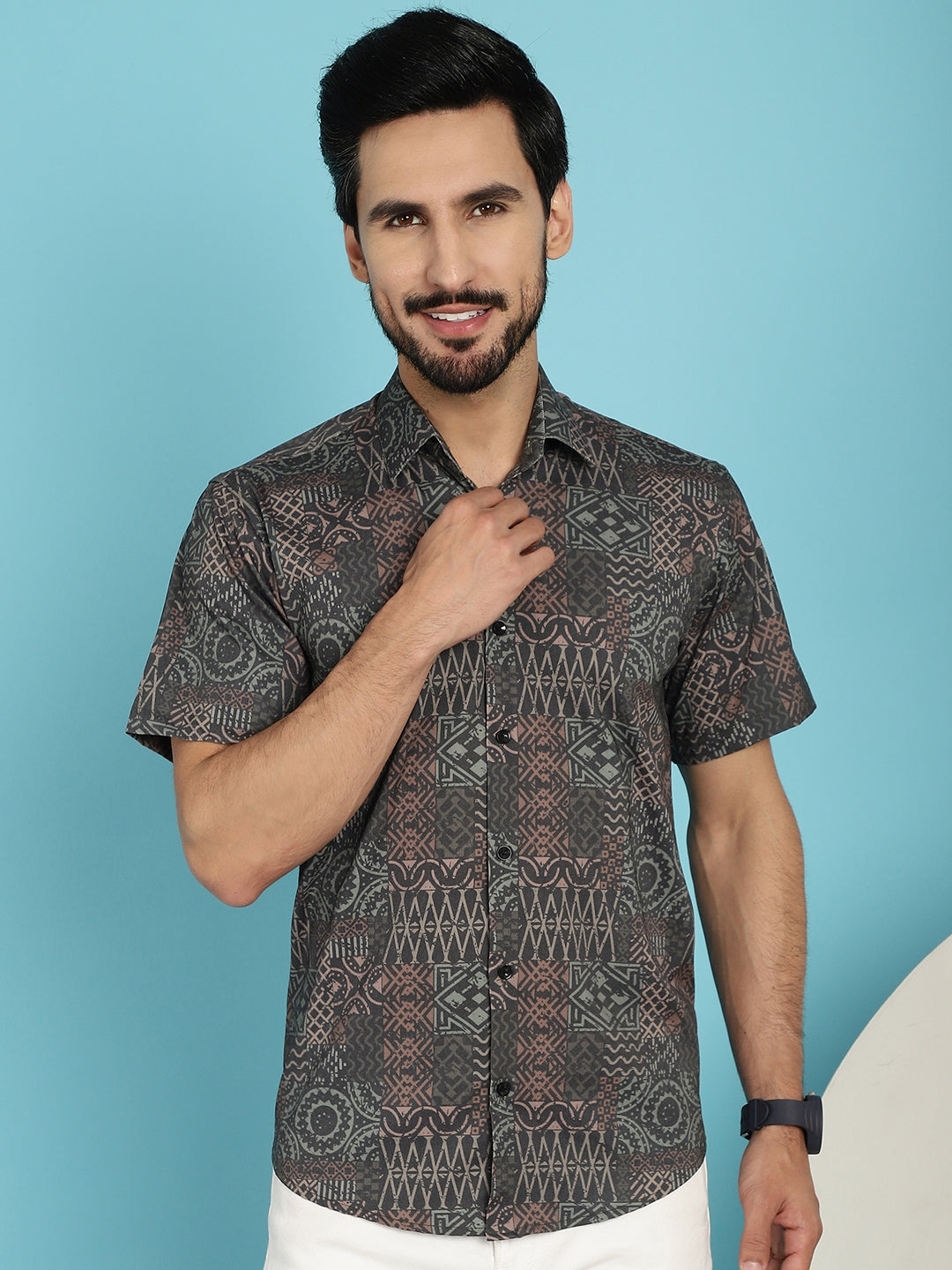 Men's Dark-Grey Printed Casual Shirt - Taantav