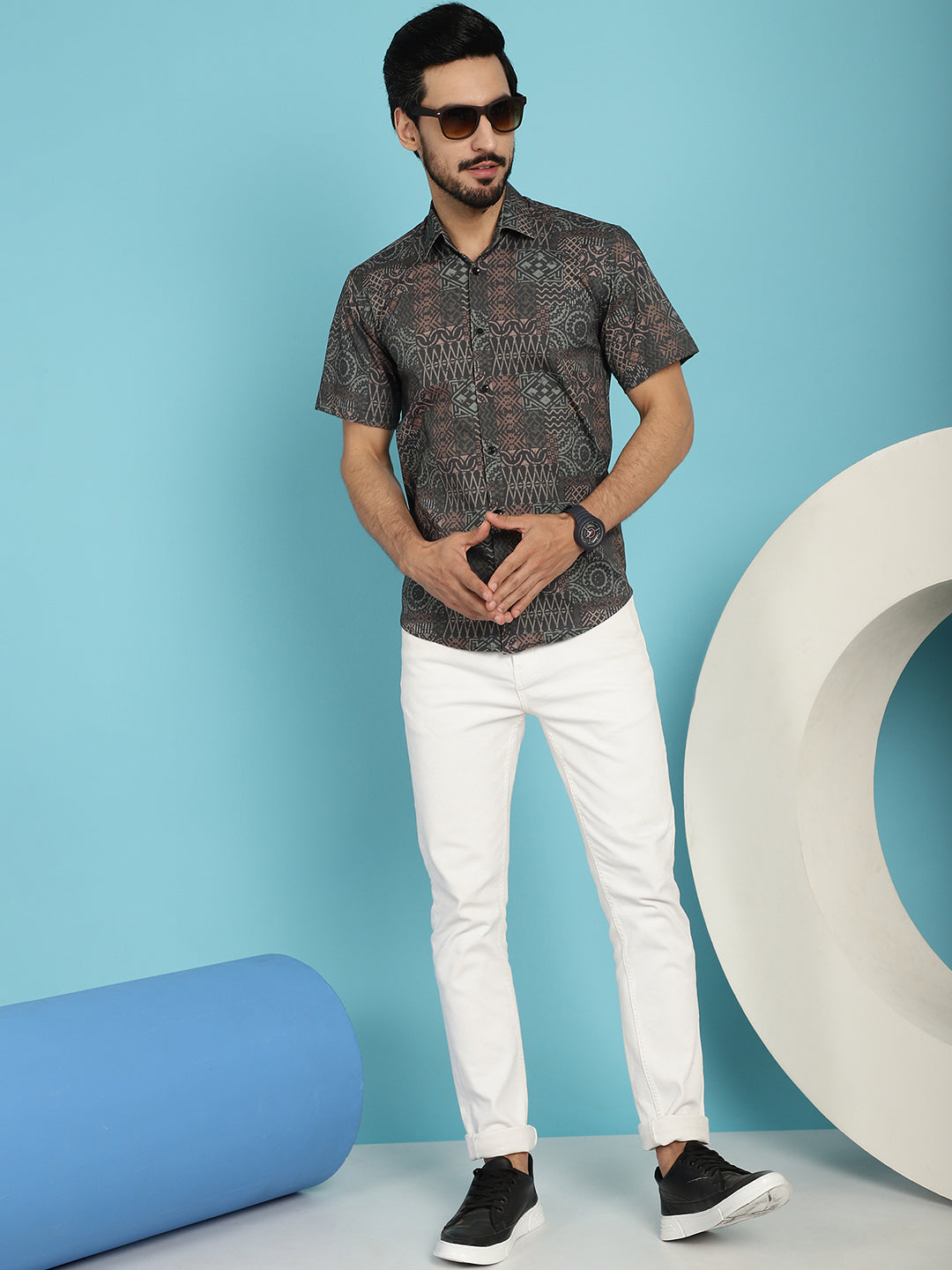 Men's Dark-Grey Printed Casual Shirt - Taantav