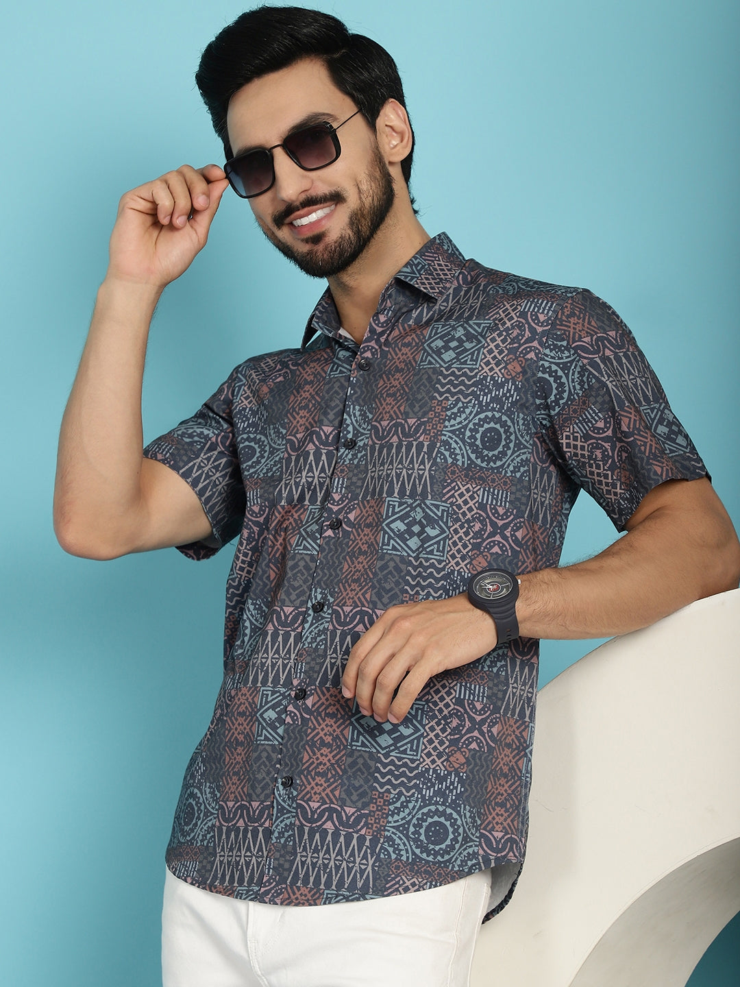 Men's Grey Printed Casual Shirt - Taantav