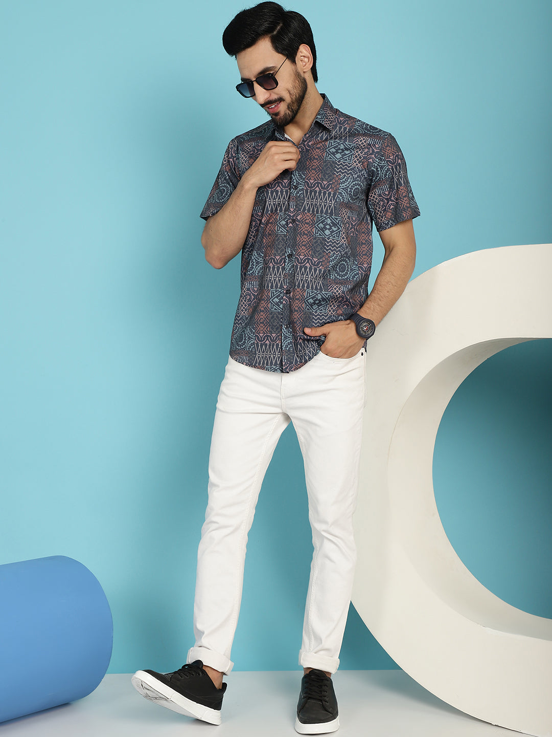 Men's Grey Printed Casual Shirt - Taantav