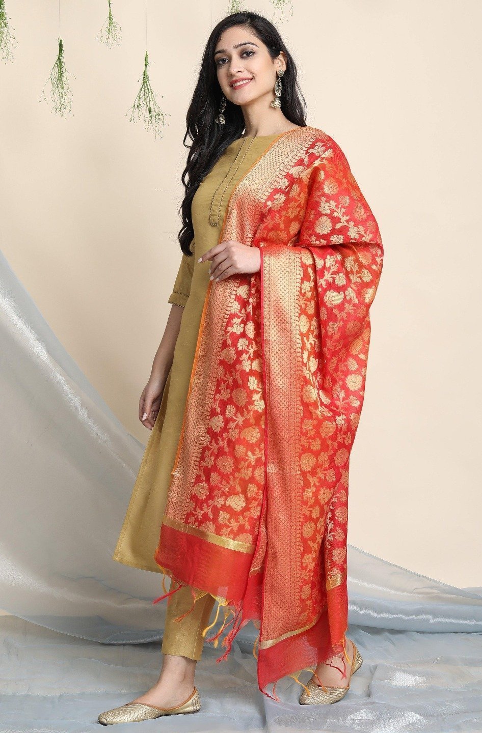 Women's Gold Poly Silk Kurta With Pant And Dupatta - Janasya USA