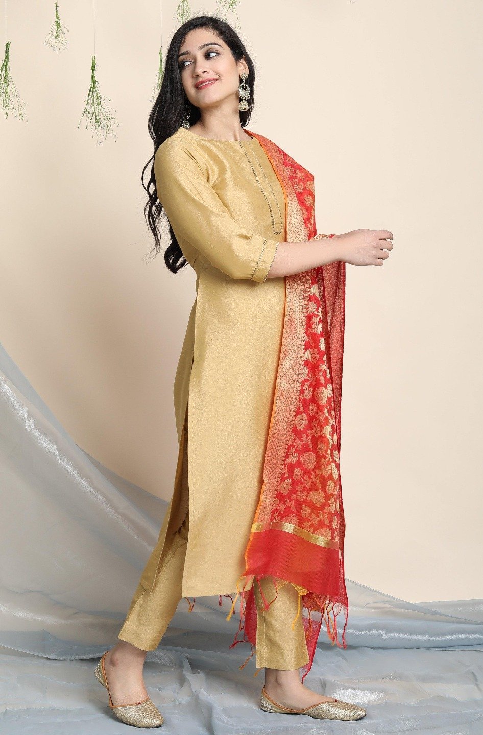 Women's Gold Poly Silk Kurta With Pant And Dupatta - Janasya USA