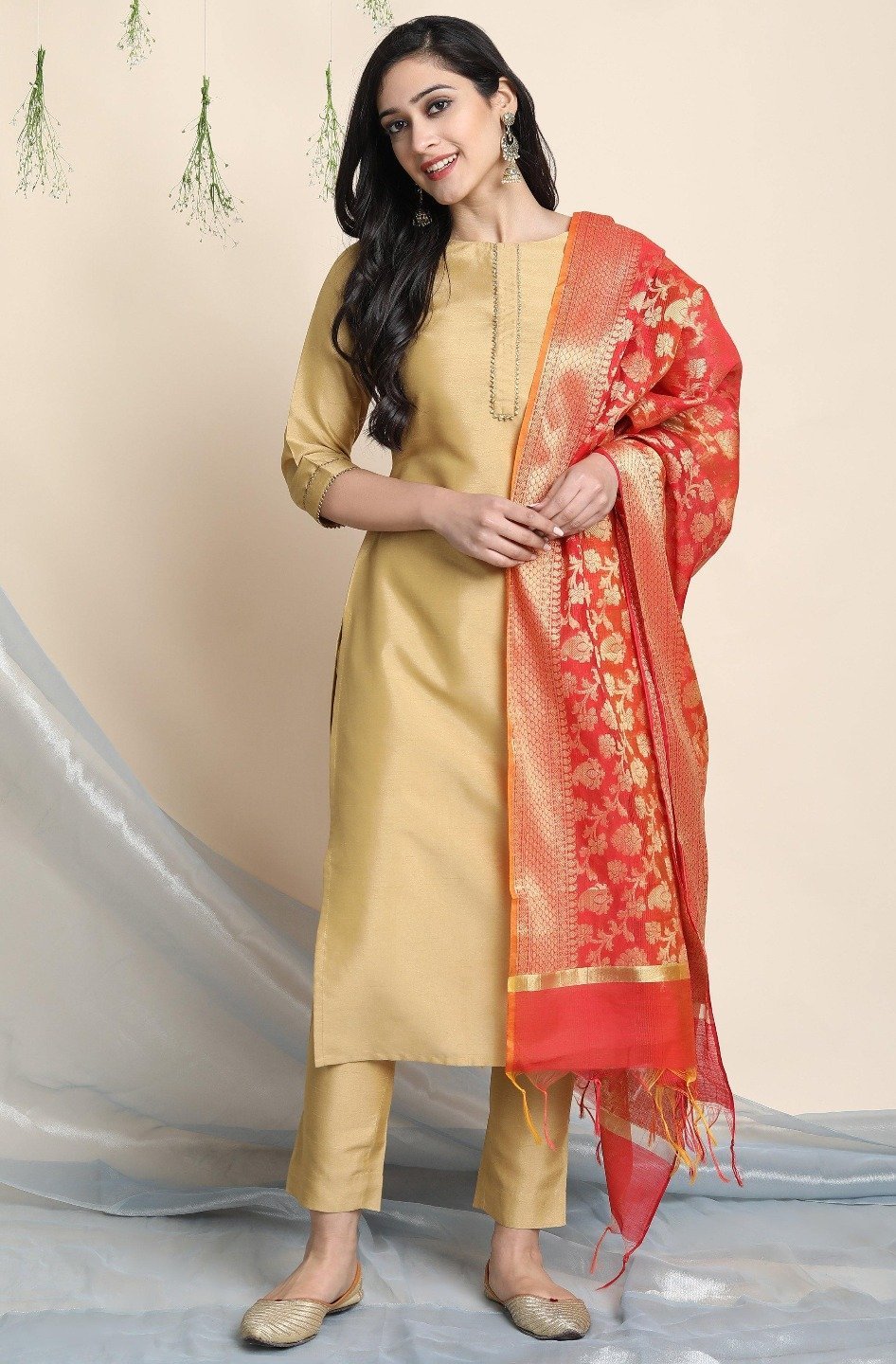 Women's Gold Poly Silk Kurta With Pant And Dupatta - Janasya USA