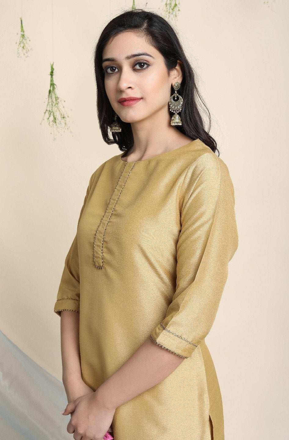 Women's Gold Poly Silk Kurta With Pant And Dupatta - Janasya USA