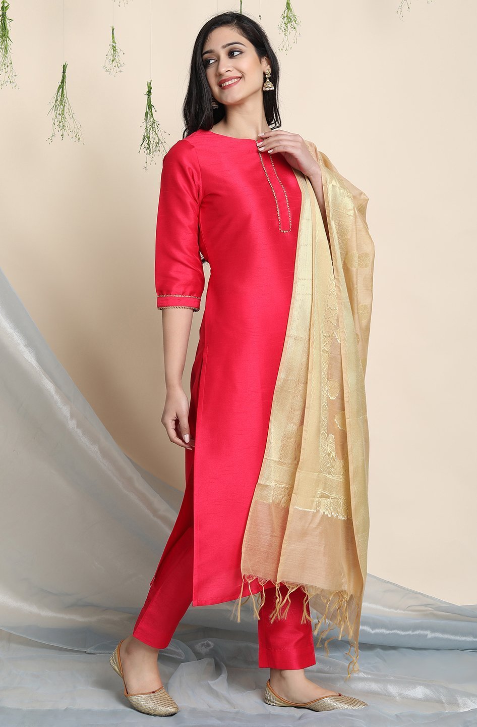 Women's Pink Poly Silk Kurta With Pant And Dupat