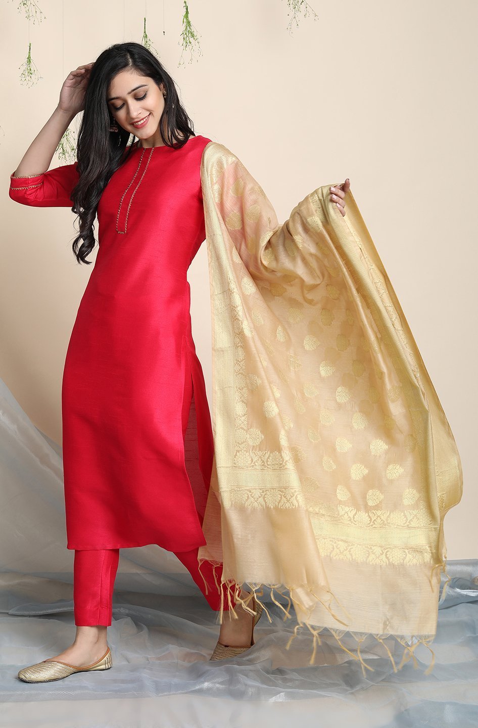 Women's Pink Poly Silk Kurta With Pant And Dupat
