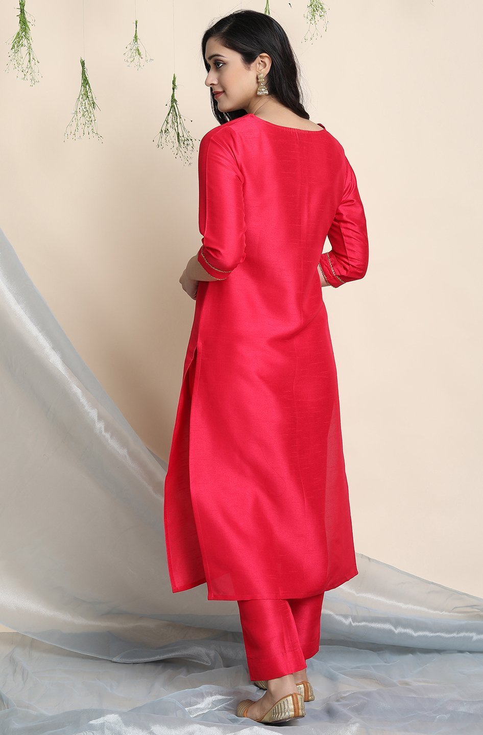 Women's Pink Poly Silk Kurta With Pant And Dupat