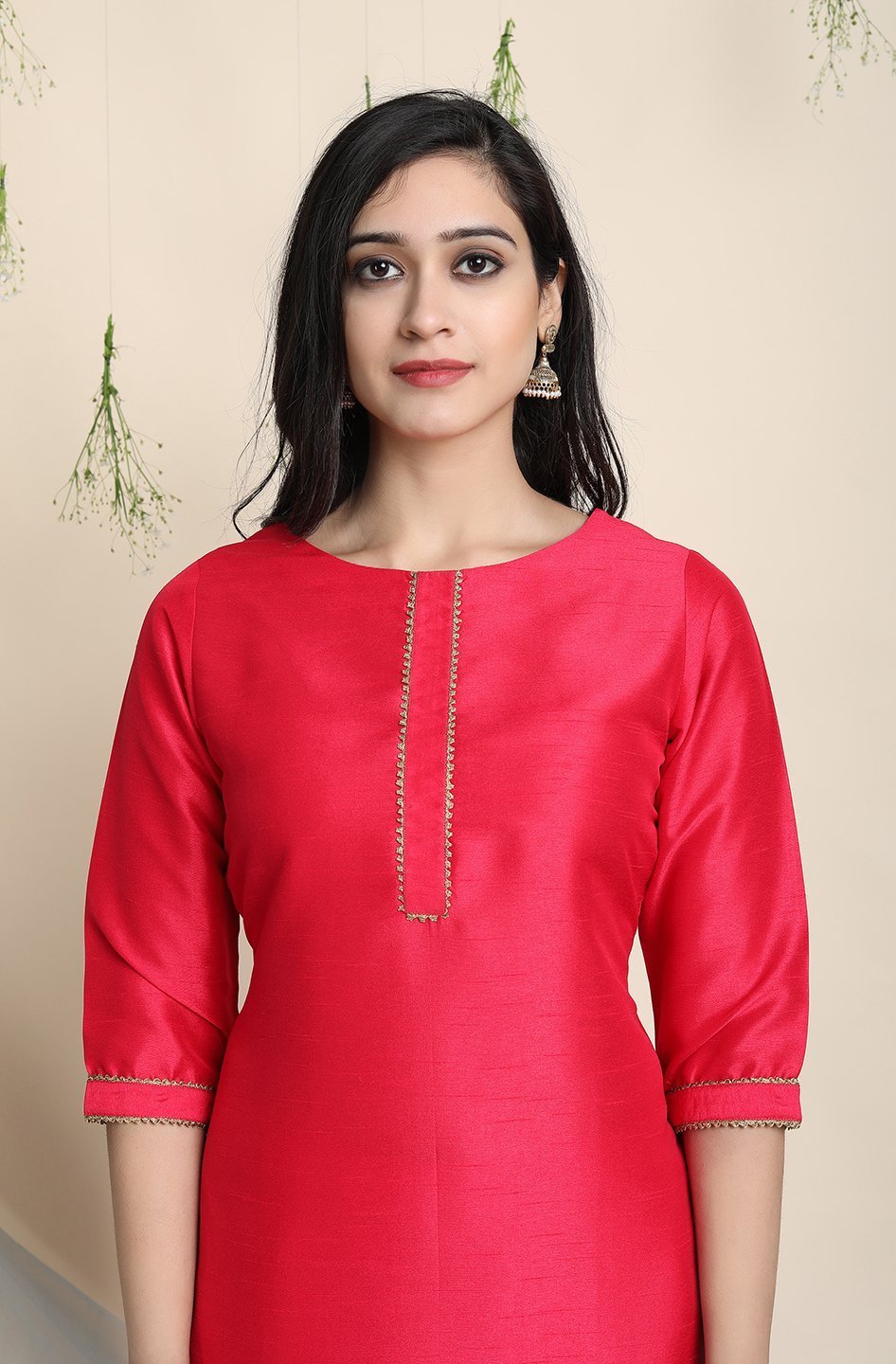 Women's Pink Poly Silk Kurta With Pant And Dupat