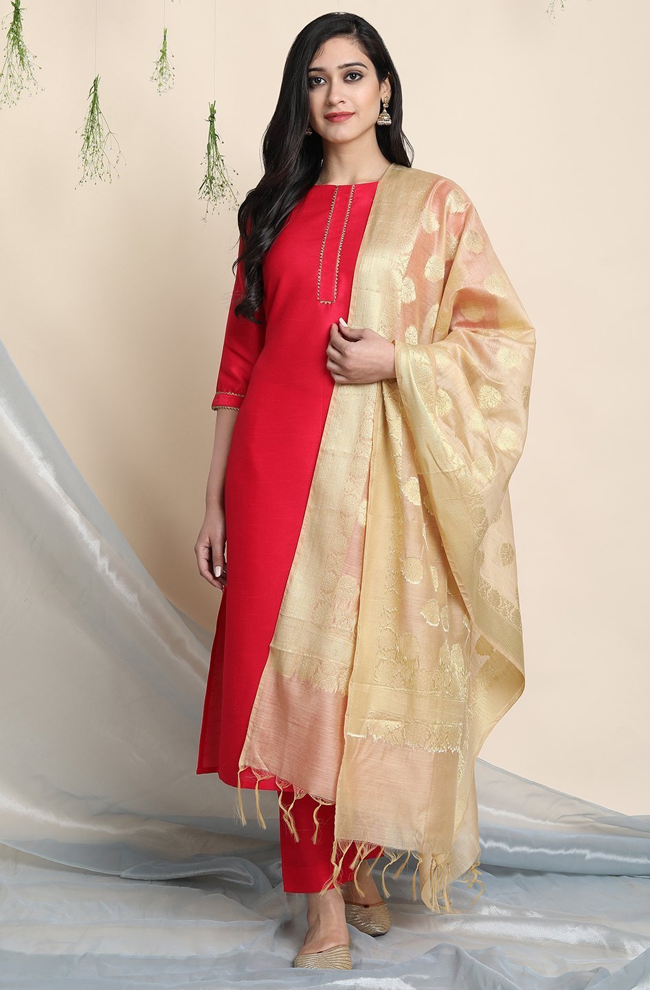 Women's Pink Poly Silk Kurta With Pant And Dupat