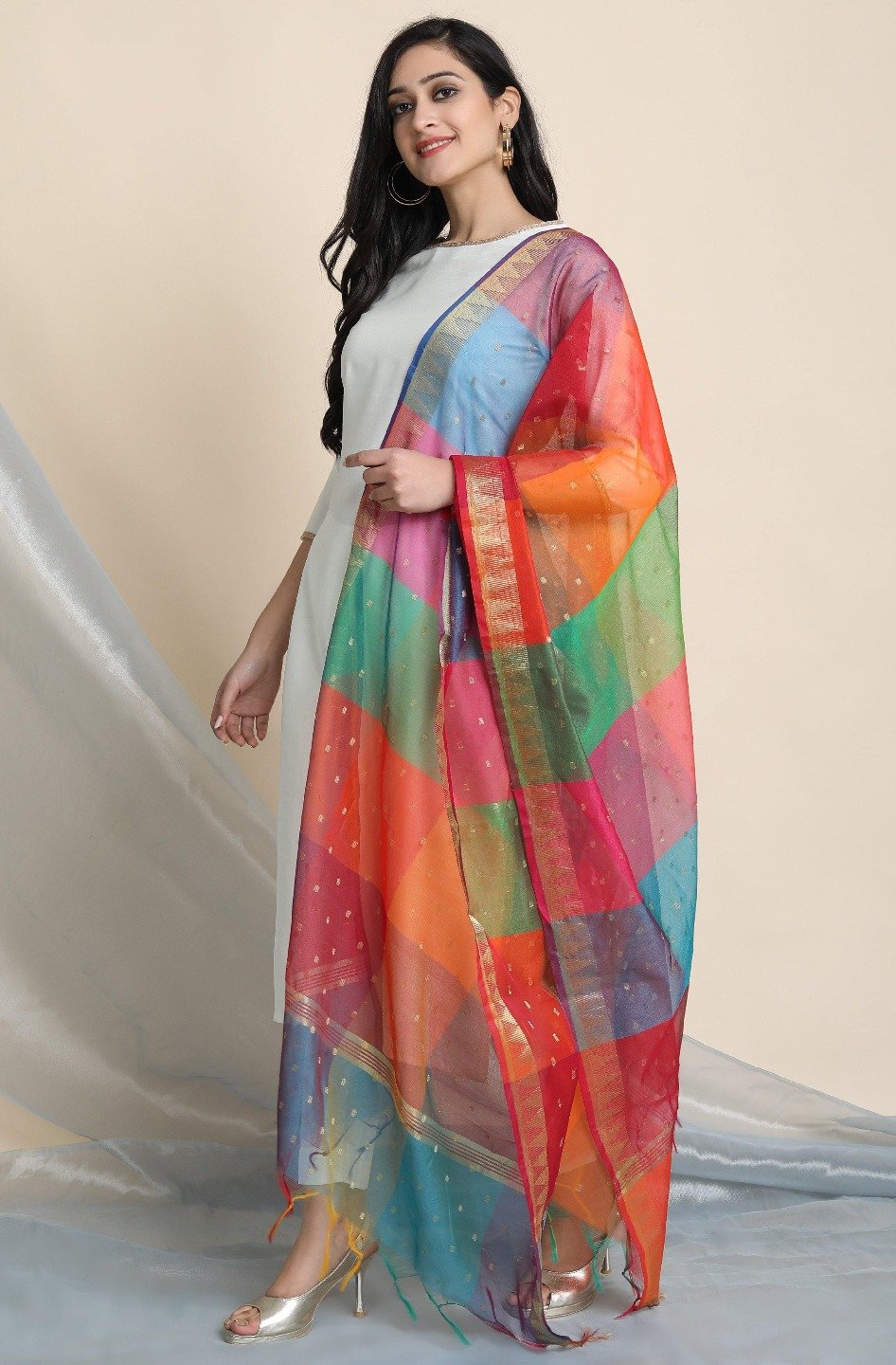 Women's Off-White Poly Silk Kurta With Pant And Dupat